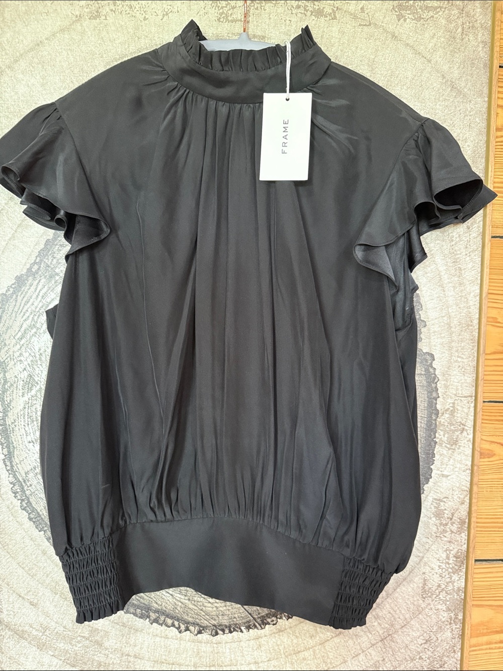 Frame Black Silk Top - elastic and ruffles - NWT and extra buttons